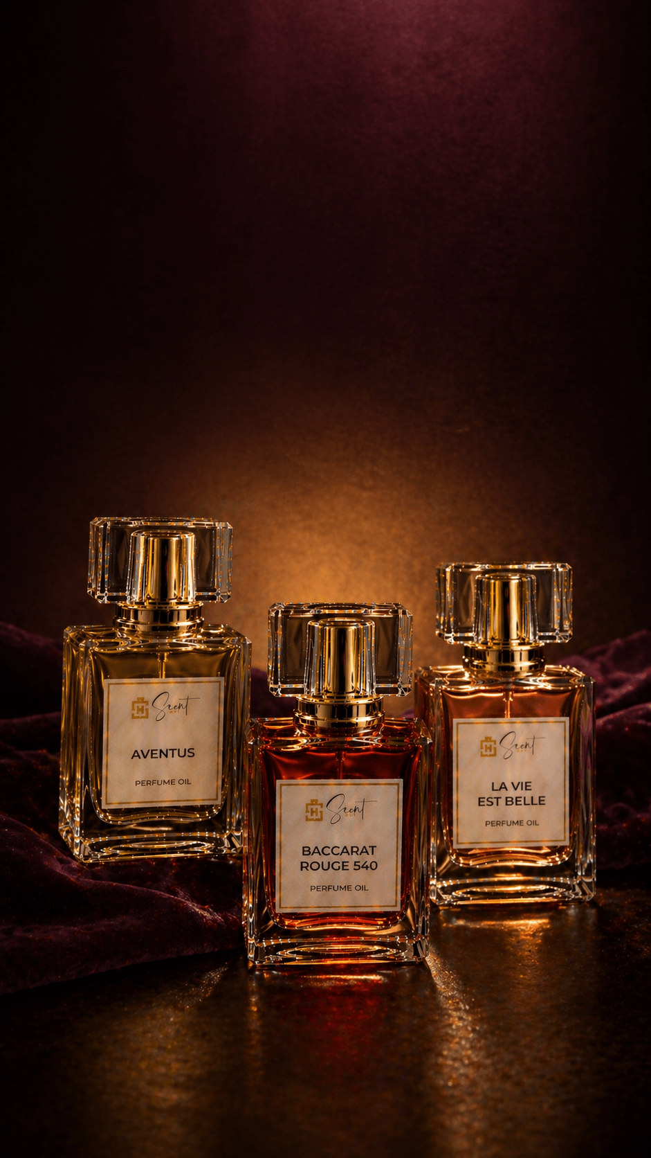 Three Scenthut perfume oil bottles on aubergine velvet